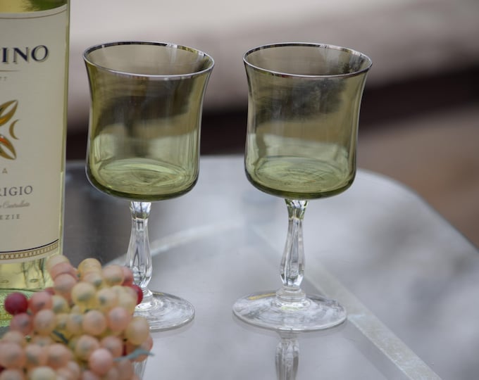 Vintage Noritake Green Wine Glasses, Platinum rims, Set of 4, 1970's