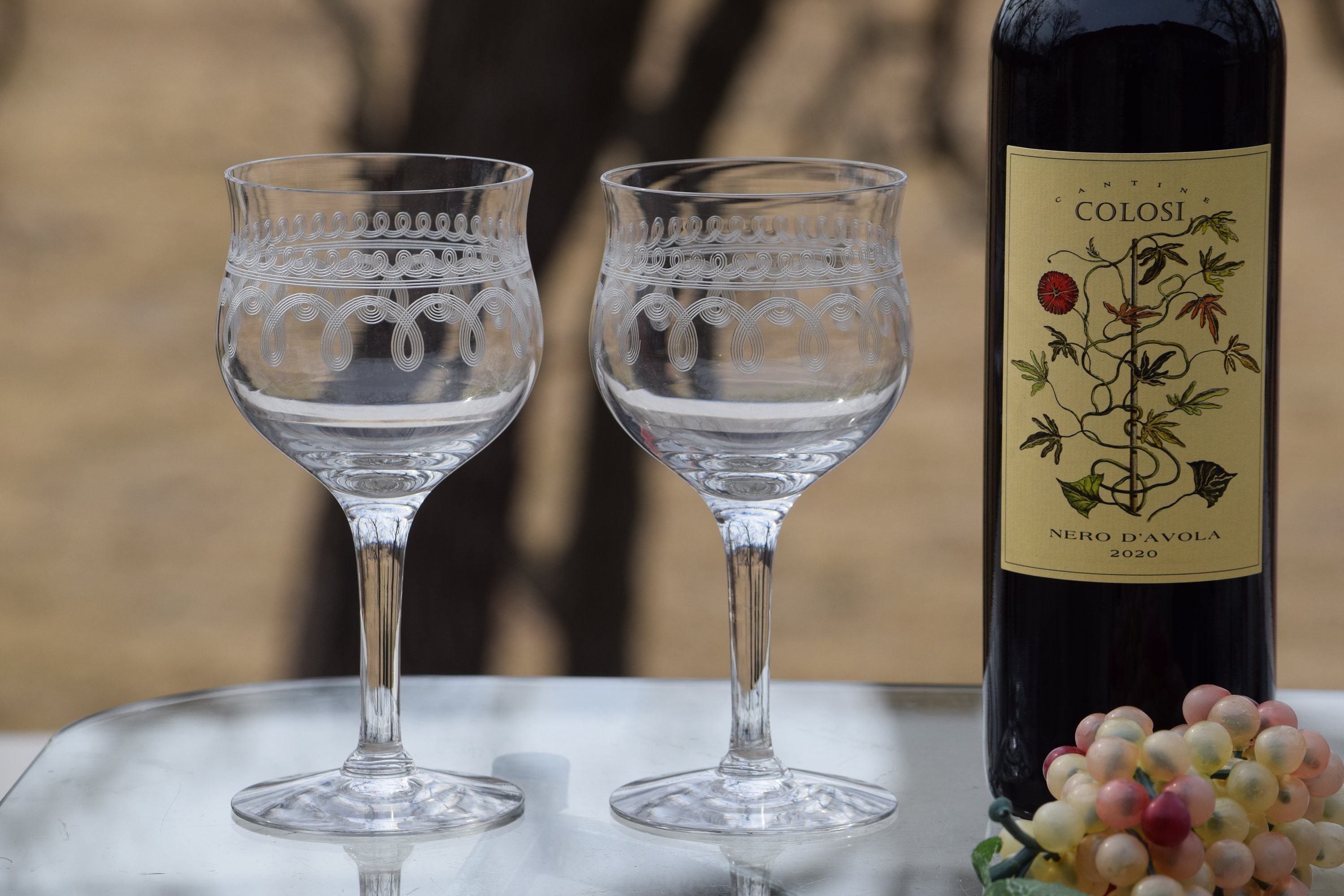 4 Antique Etched Optic Wine Glasses, Circa 1920, Antique