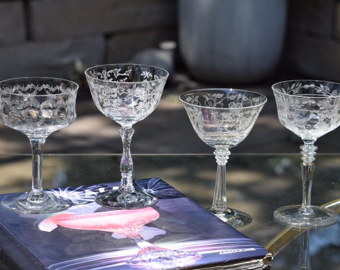 Vintage Etched Cocktail Glasses Set of 4, 1950s Mis-Matched Martini Glasses
