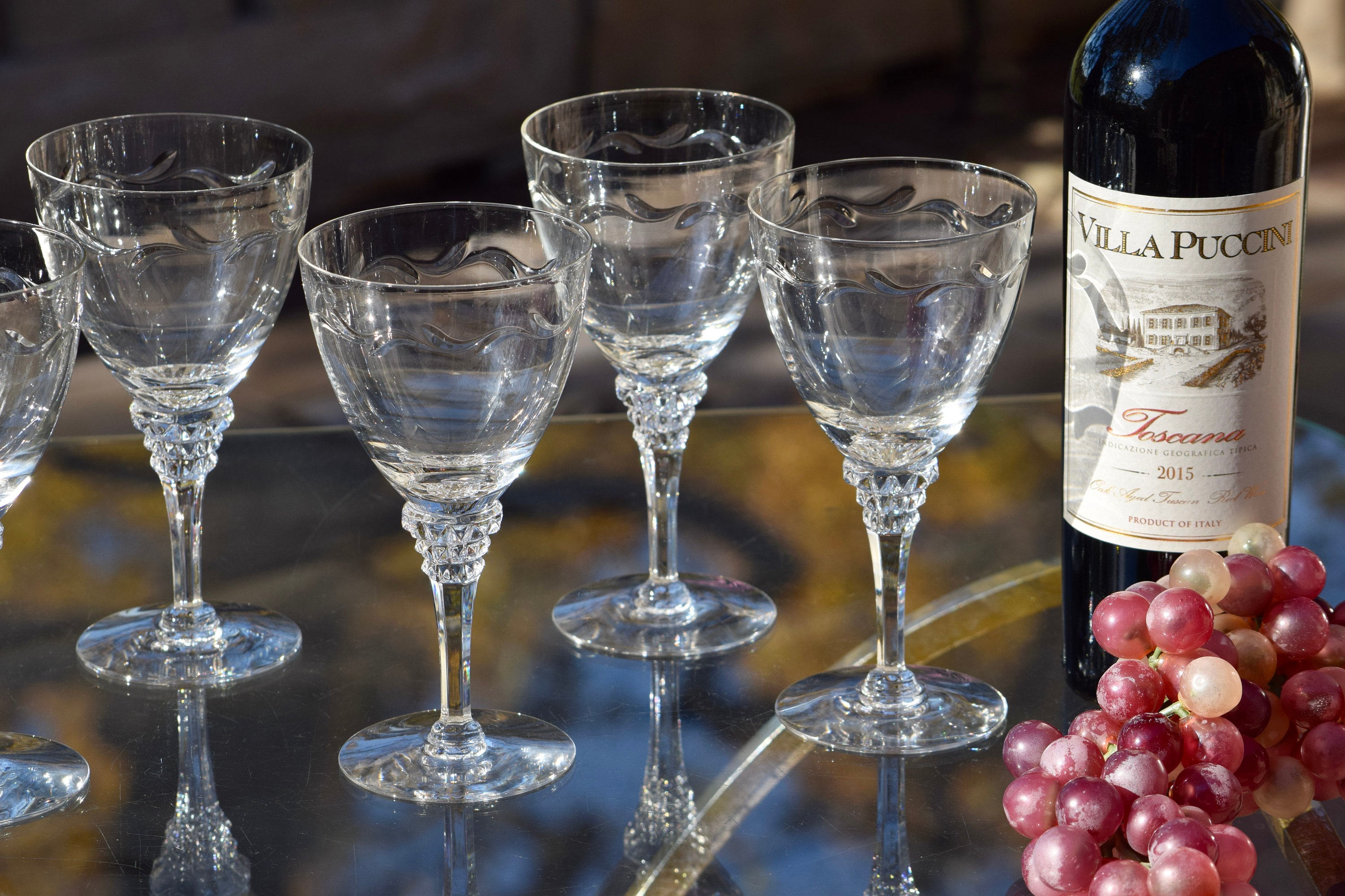 6 Vintage Etched Crystal Cocktail Martini Glasses, Tiffin