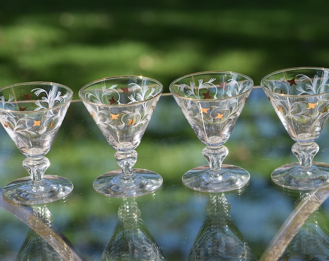 COCKTAIL PARTY? 6 Vintage Cocktail Glasses with Gold and White Designs, Libbey, 1950's, 3 oz After Dinner Drinks Glasses