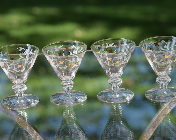 6 Vintage Cocktail Glasses with Gold and White Designs, Libbey, 1950's, 3 oz After Dinner Drinks Glasses -  Double Shot Glasses