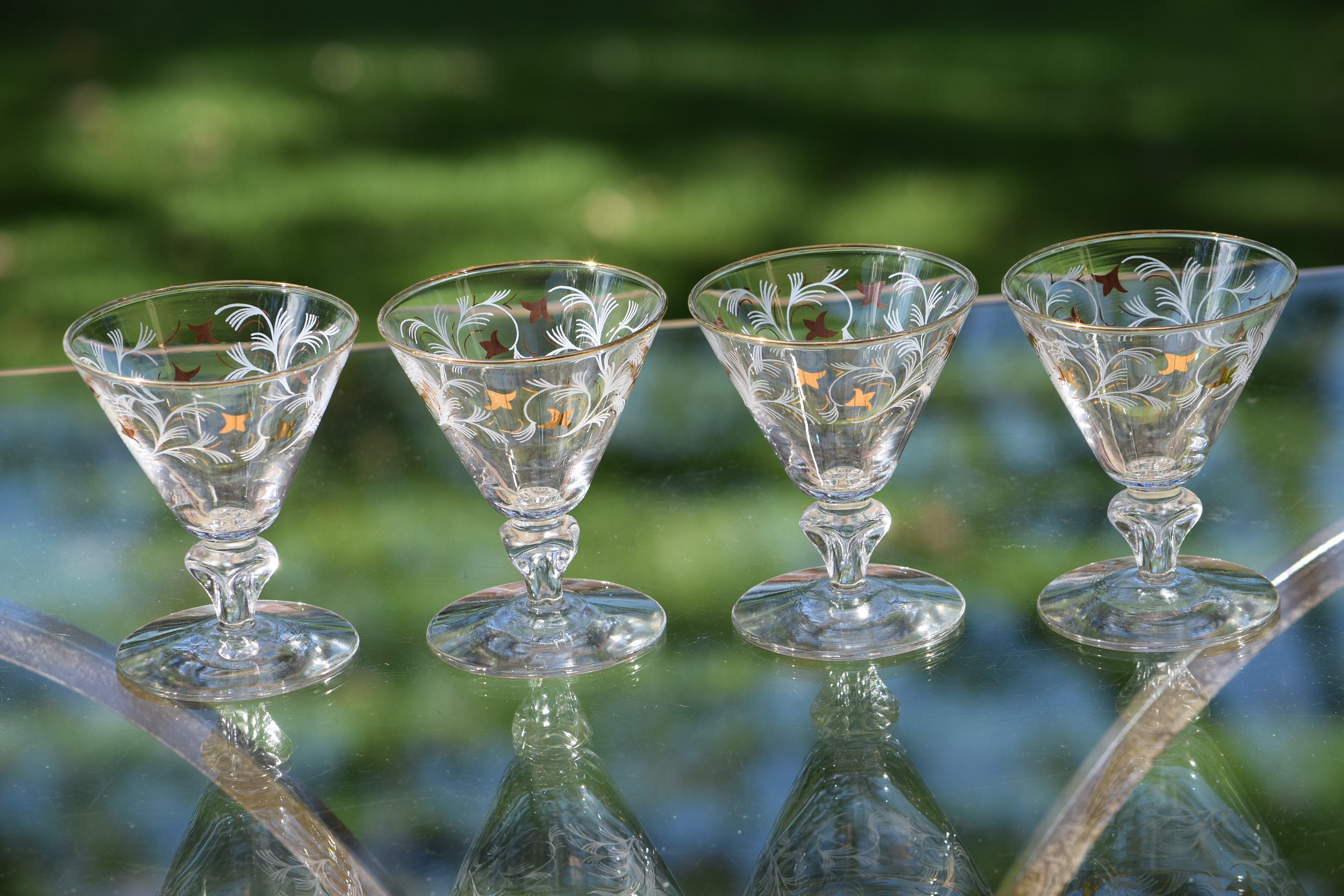 6 Vintage Cocktail Glasses with Gold and White Designs, Libbey