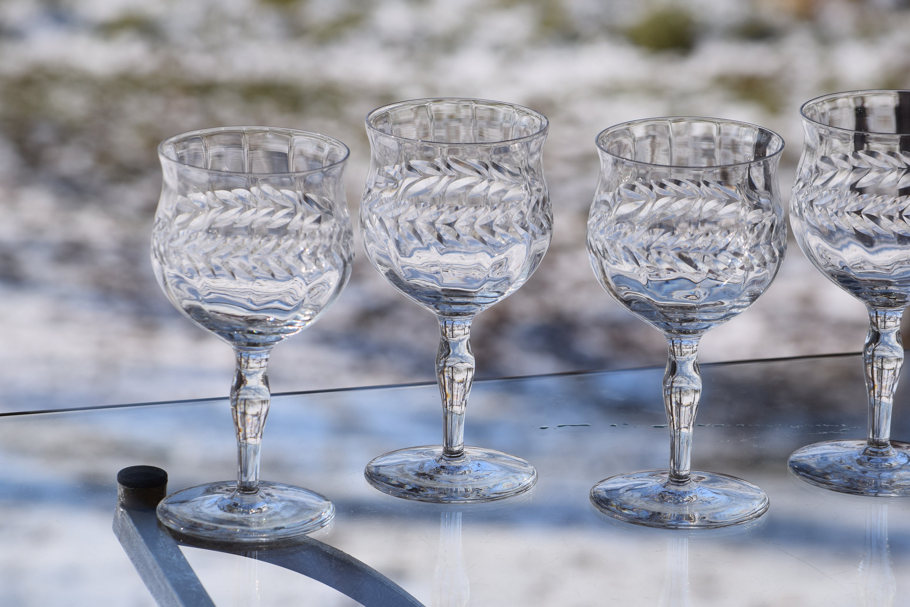 Vintage Etched Optic Wine Glasses, Set of 4, circa 1950's, Antique Wine