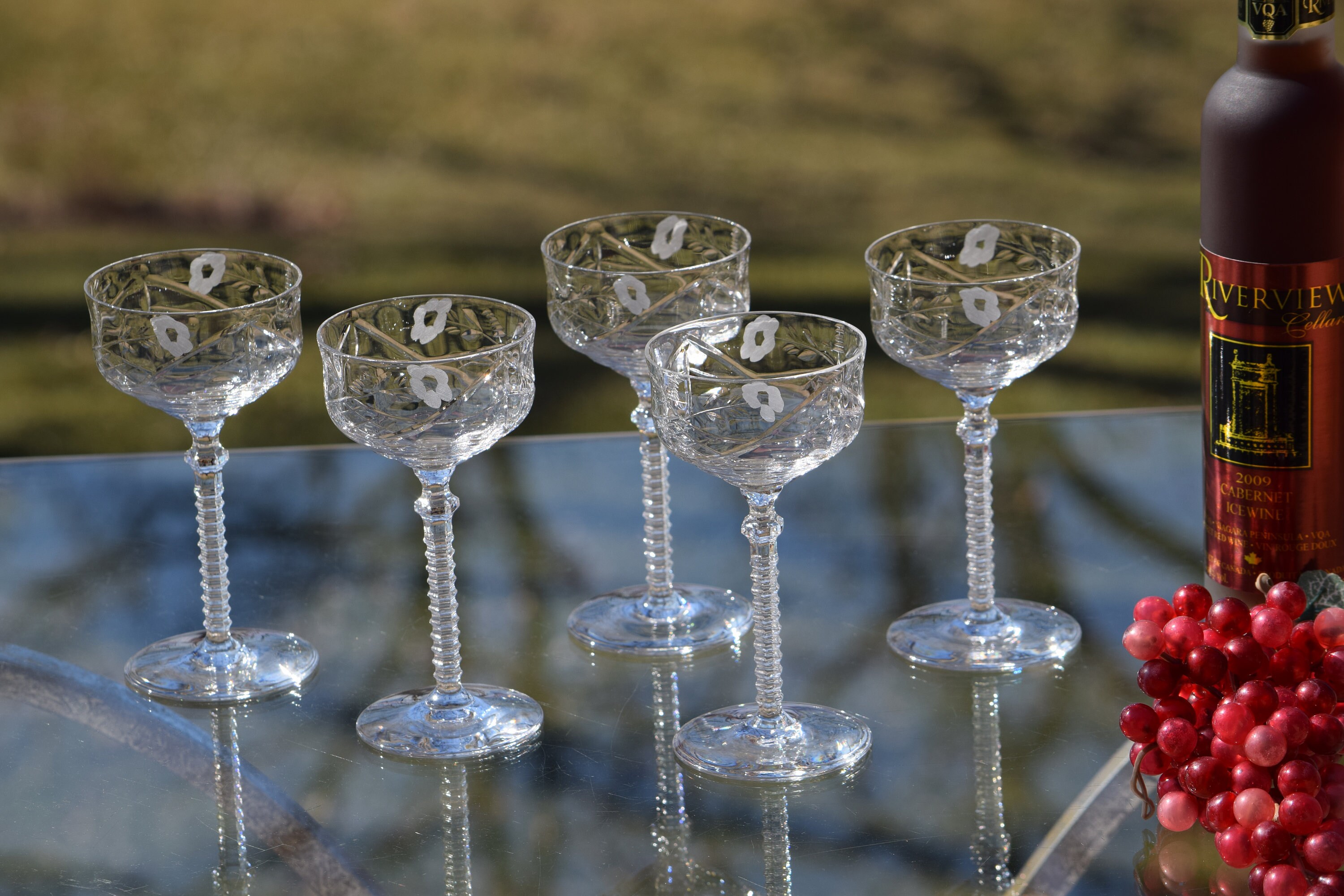 Vintage Etched CRYSTAL Liquor Wine Cordial Glasses, Set of 5, circa