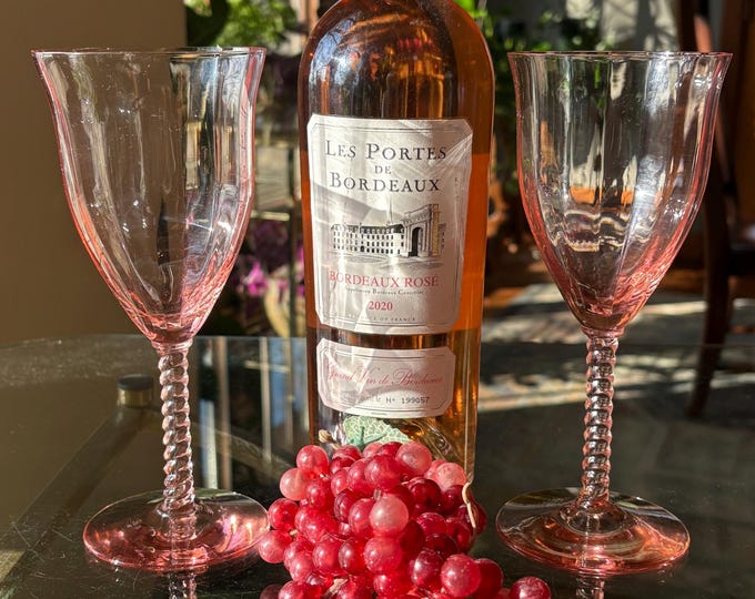 WINE and PINK LOVER? 2 Vintage Pink Diamond Twisted Stem Wine Glasses, Central Glass Works 1940's, Vintage Pink Wine Glasses, Bridal Shower