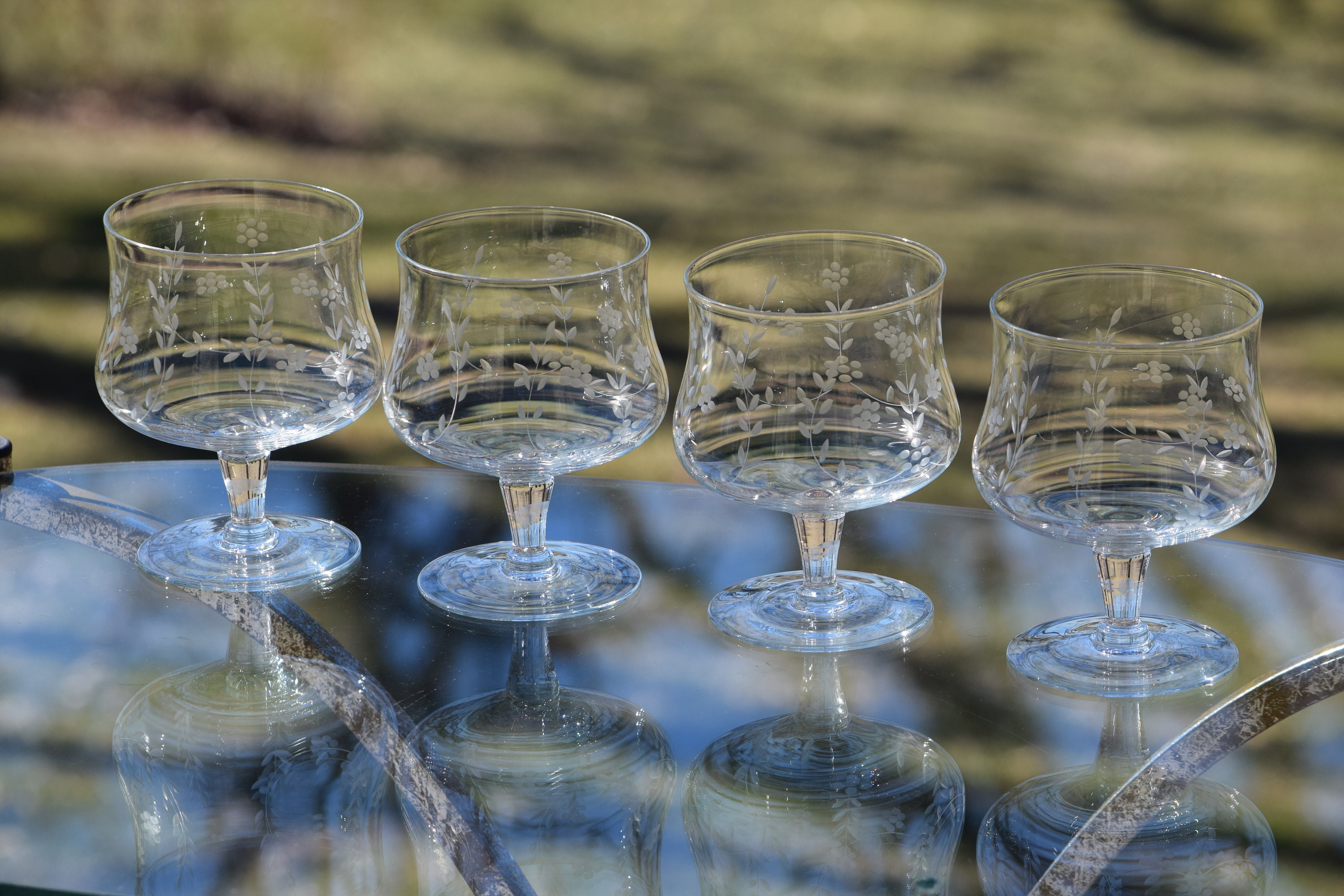 Clear Etched Glass Aperitif Miniature Brandy Snifters, Set of 4