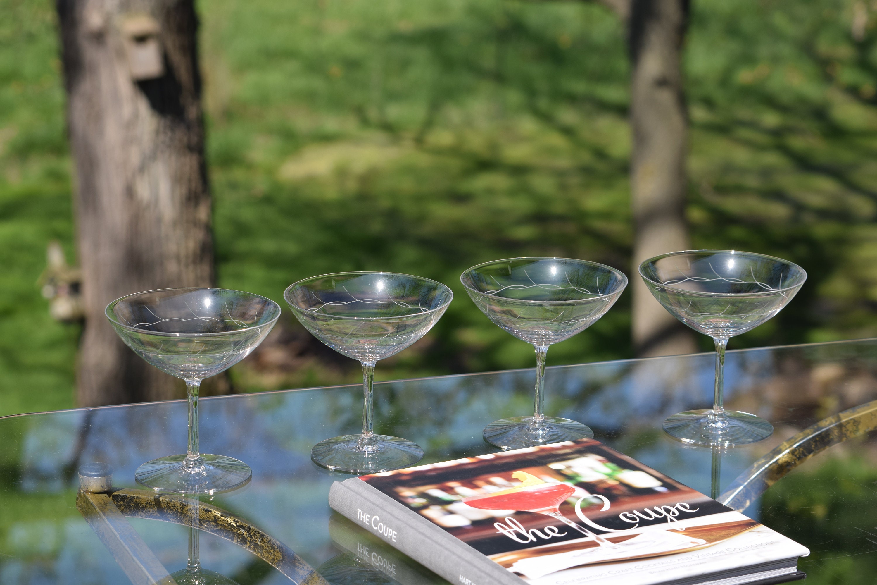 Vintage CRYSTAL Etched Cocktail Glasses, Set of 4, Mixologist