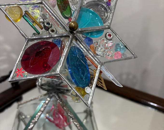 Vintage Stained Glass Kaleidoscope, Jeweled Pyramid Stand, Whimsical Art