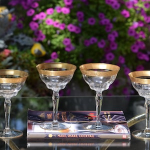 COCKTAIL PARTY TIME!  4 Vintage Gold Encrusted Cocktail - Martini Glasses, 1940&#39;s, Vintage Gold Rimmed Champagne Glasses