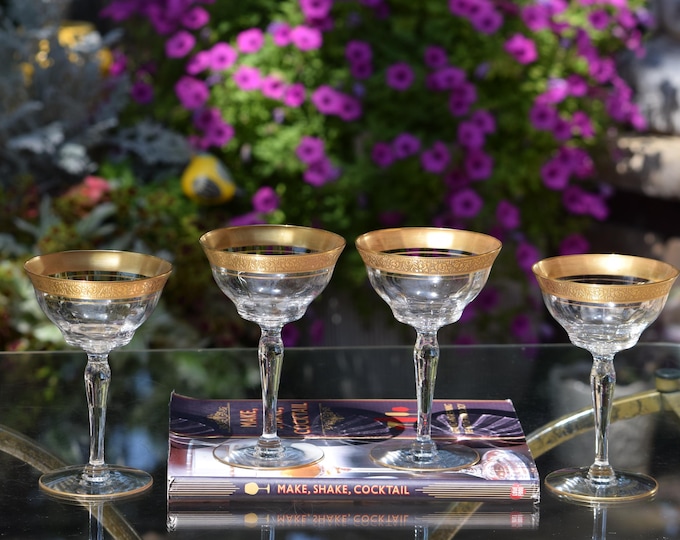 COCKTAIL PARTY TIME!  4 Vintage Gold Encrusted Cocktail - Martini Glasses, 1940's, Vintage Gold Rimmed Champagne Glasses