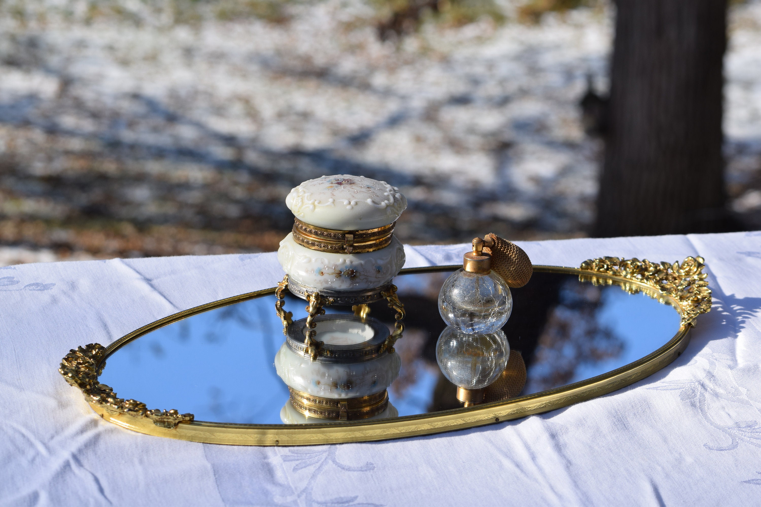 Vintage Gold Brass Vanity Perfume Mirrored Tray, circa 1950's, Vintage