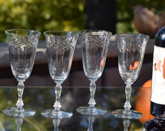 Set of 4 Vintage Etched Wine Glasses – Fluted Stemware, 1970s