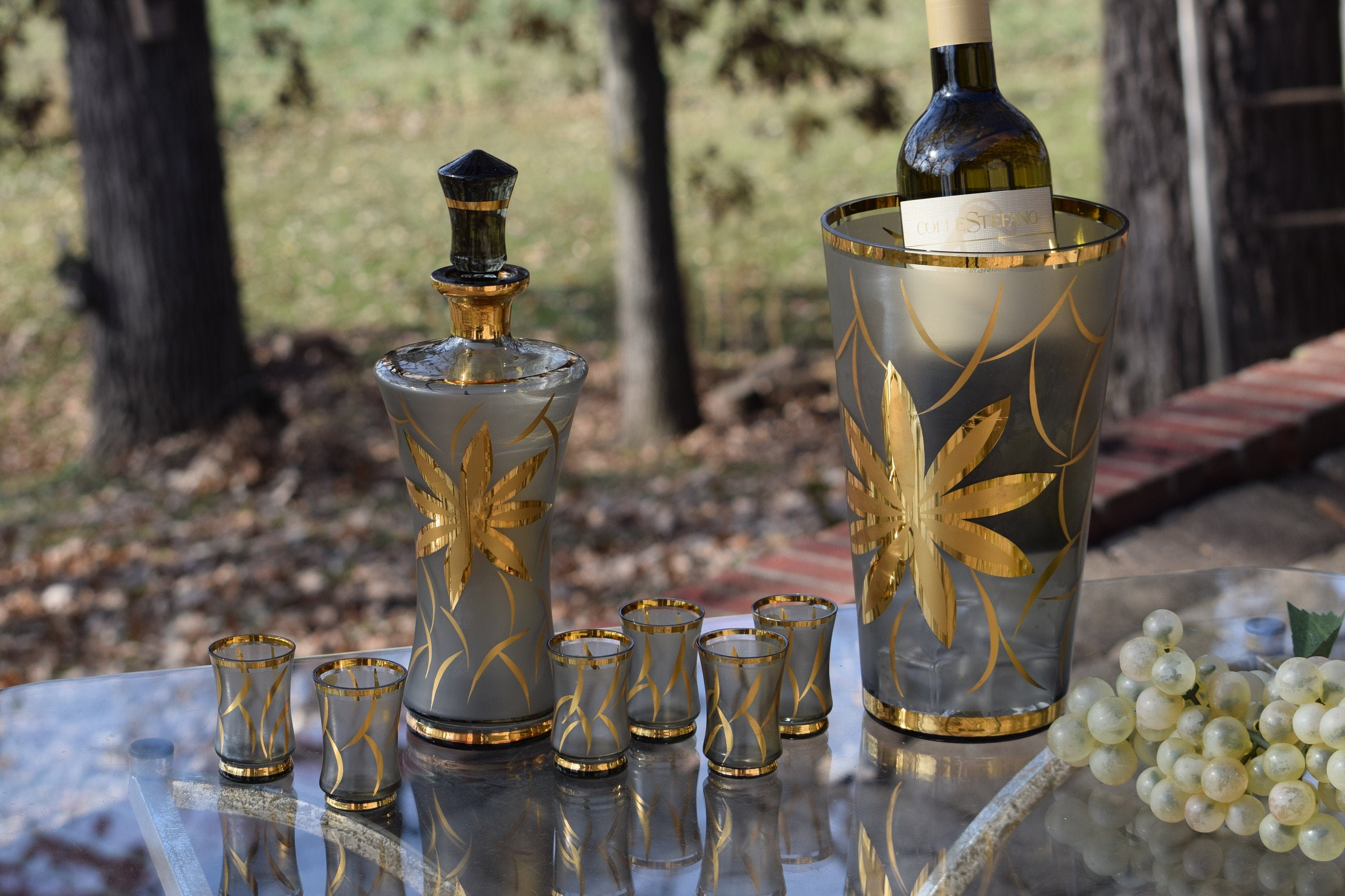 Vintage Gold Floral Wine Decanter with matching shot glasses and Wine