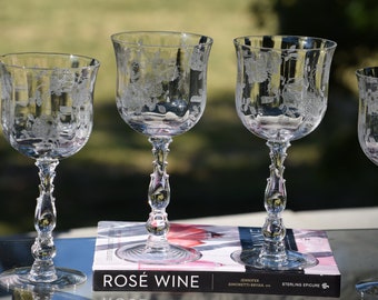 6 Vintage Fostoria Etched Rose Crystal Wine Glasses,  Dinner Party Water Goblets, Fostoria, 1940's