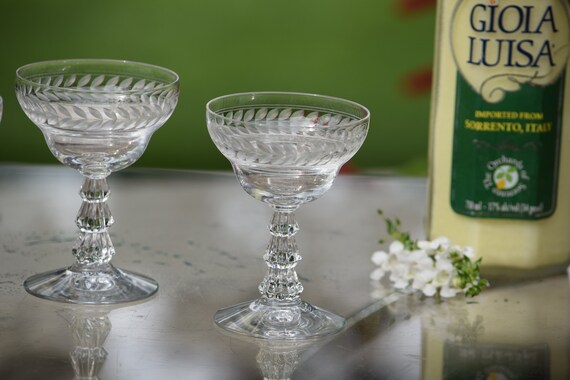 4 Vintage Etched CRYSTAL Liqueur Cocktail Glasses, Fostoria, Circa