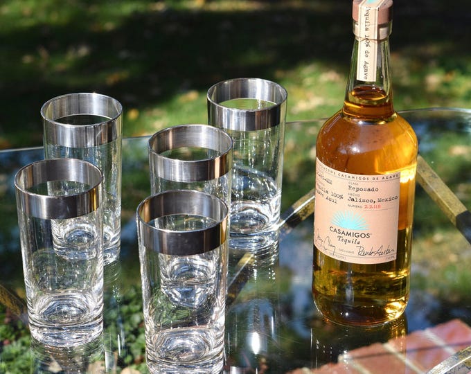 Mid Century Designer!  5 Vintage Dorothy Thorpe Sterling Silver Band Highball ~ Cocktail Glasses, 1950's  Whiskey, Bourbon Glasses