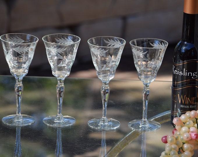 4 Vintage Etched Port Wine Glasses, 3 oz After Dinner Drink Cordials, Port Wine ~ Dessert Wine Glasses, 3 oz Wine Cordials