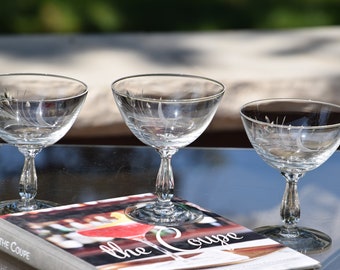 Vintage Etched Crystal Cocktail Martini Glasses, 1950s, Fostoria Crystal Coupes, Girls Night Party Glasses, Cocktail Party Ideas