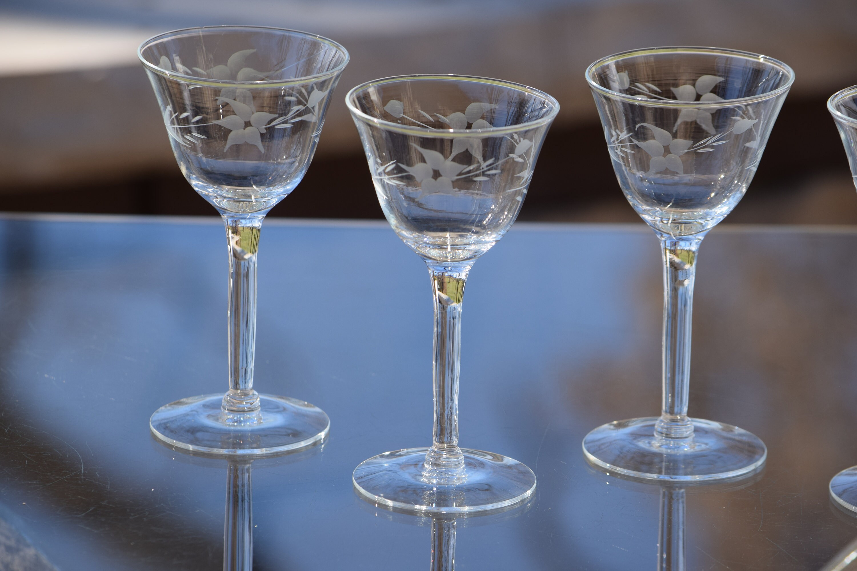 4 Vintage Etched Cocktail Glasses, circa 1950, Small 4 oz