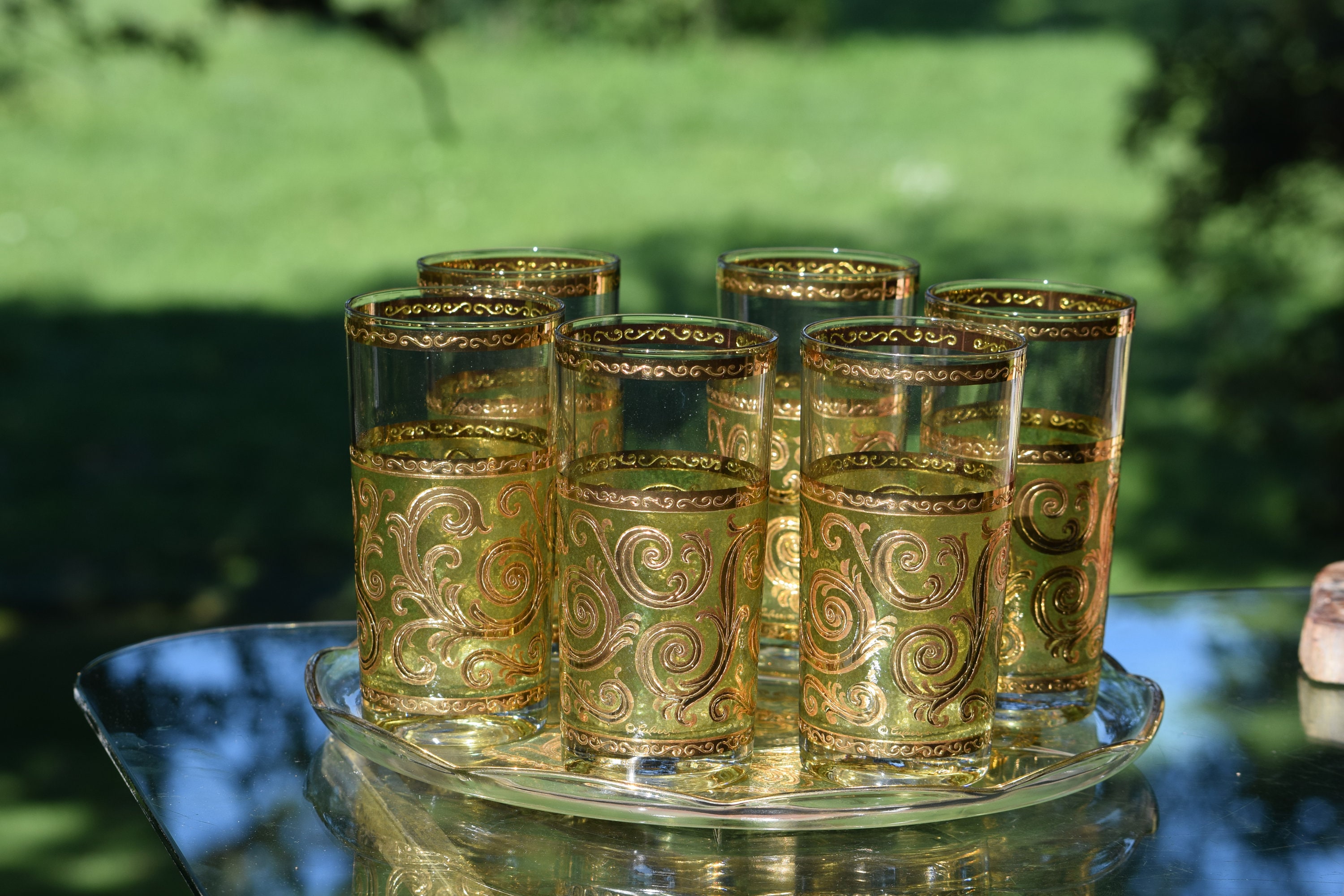 Culver Glassware and Caddy, Thai Princess Set of 8 Highball Cocktail Glasses,  Vi