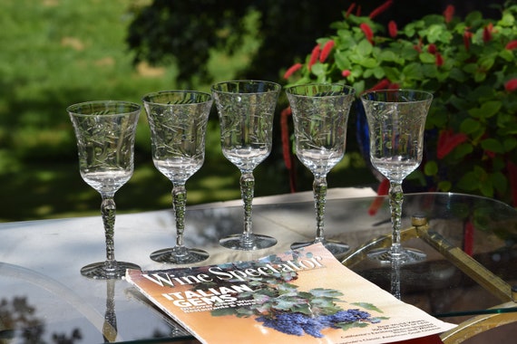5 Vintage Etched Tall Wine Glasses ~ Water Goblets, Faceted Stem