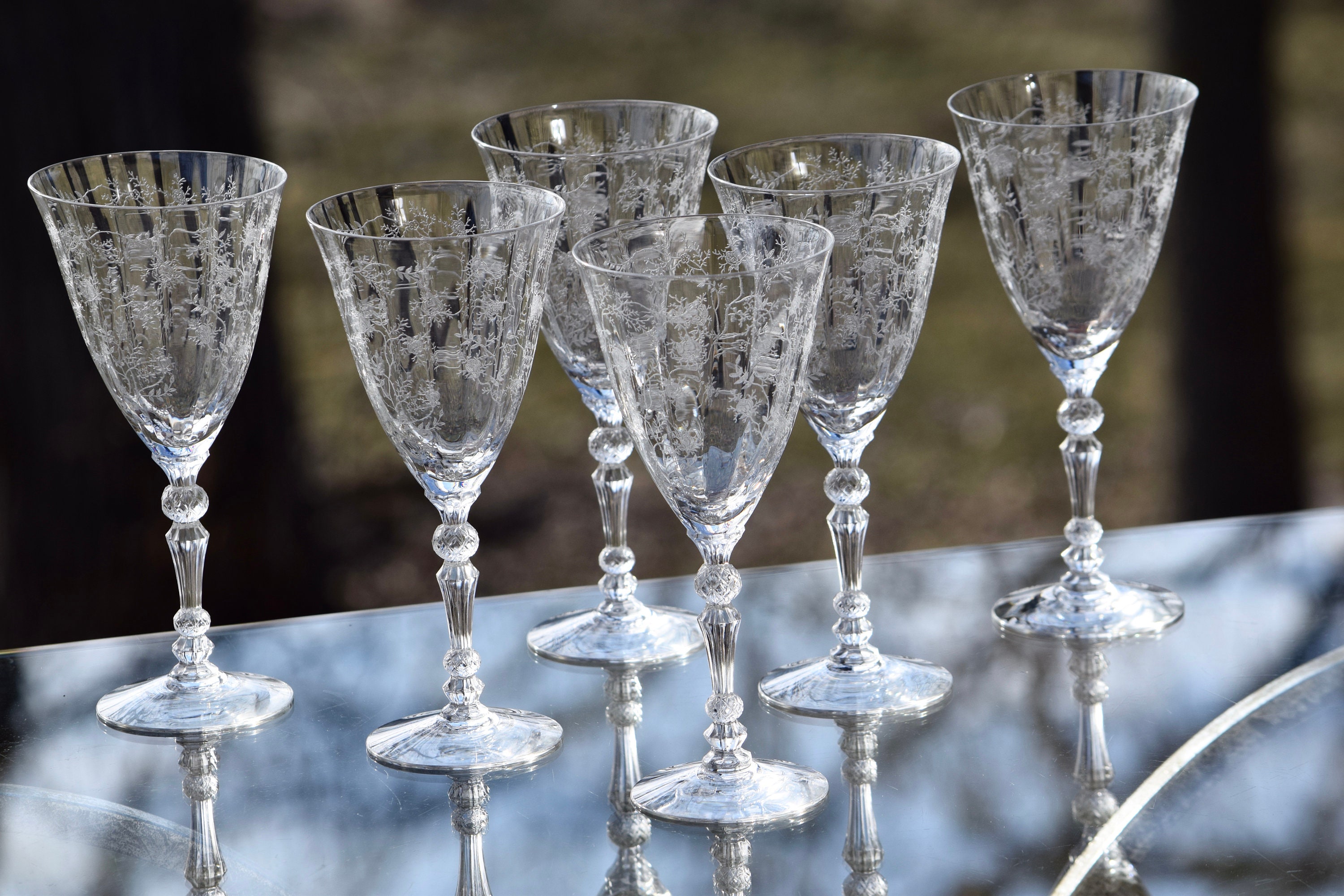 Vintage Needle Etched Crystal Wine Glasses Set Of 2 Fostoria Chintz