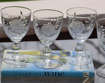 5 Vintage Etched Crystal Wine Glasses,  8 oz Crystal Wine glass, Vintage Crystal Water Goblets,  Etched Roses Wine Glasses