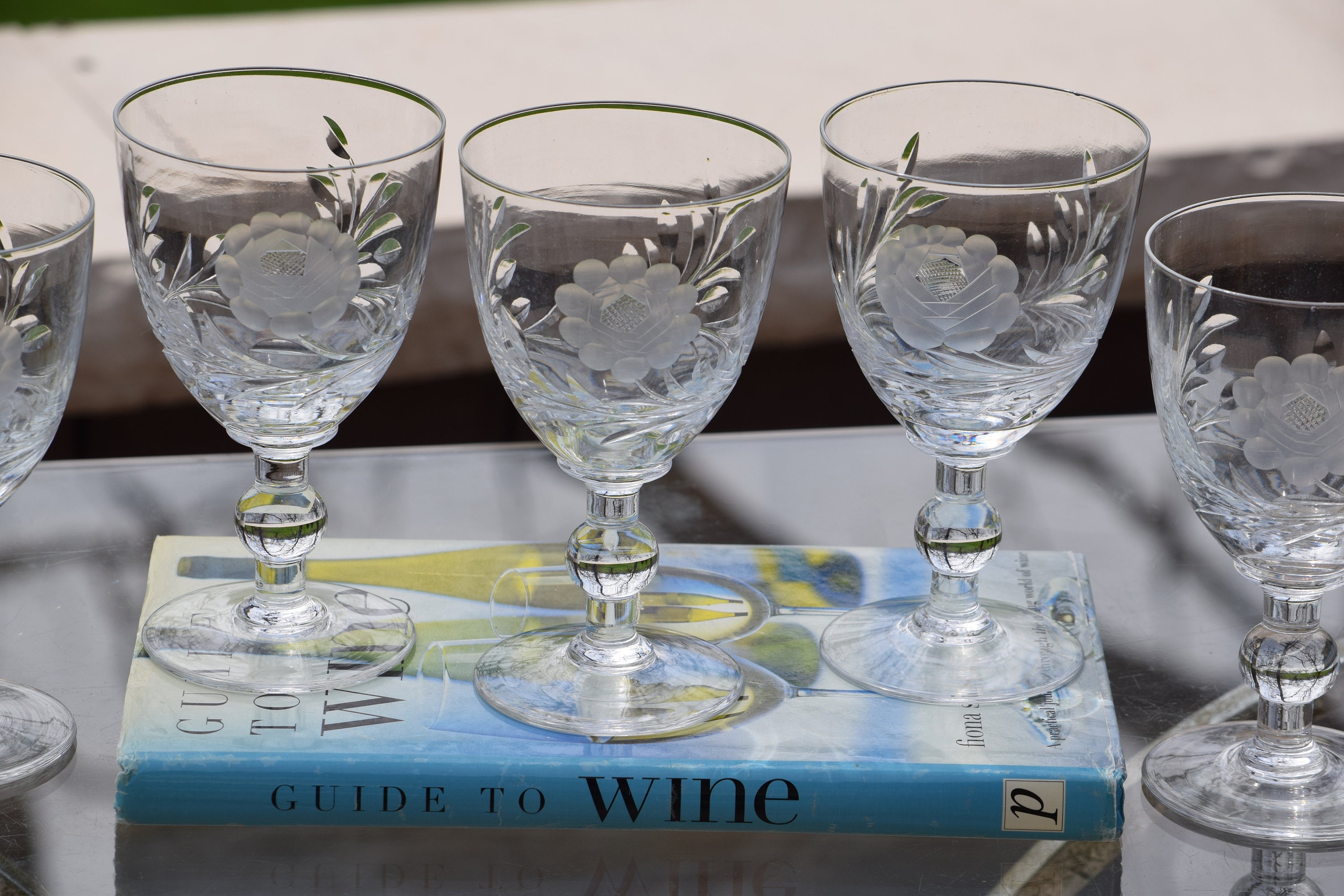 5 Vintage Etched Crystal Wine Glasses, 8 oz Crystal Wine glass, Vintage