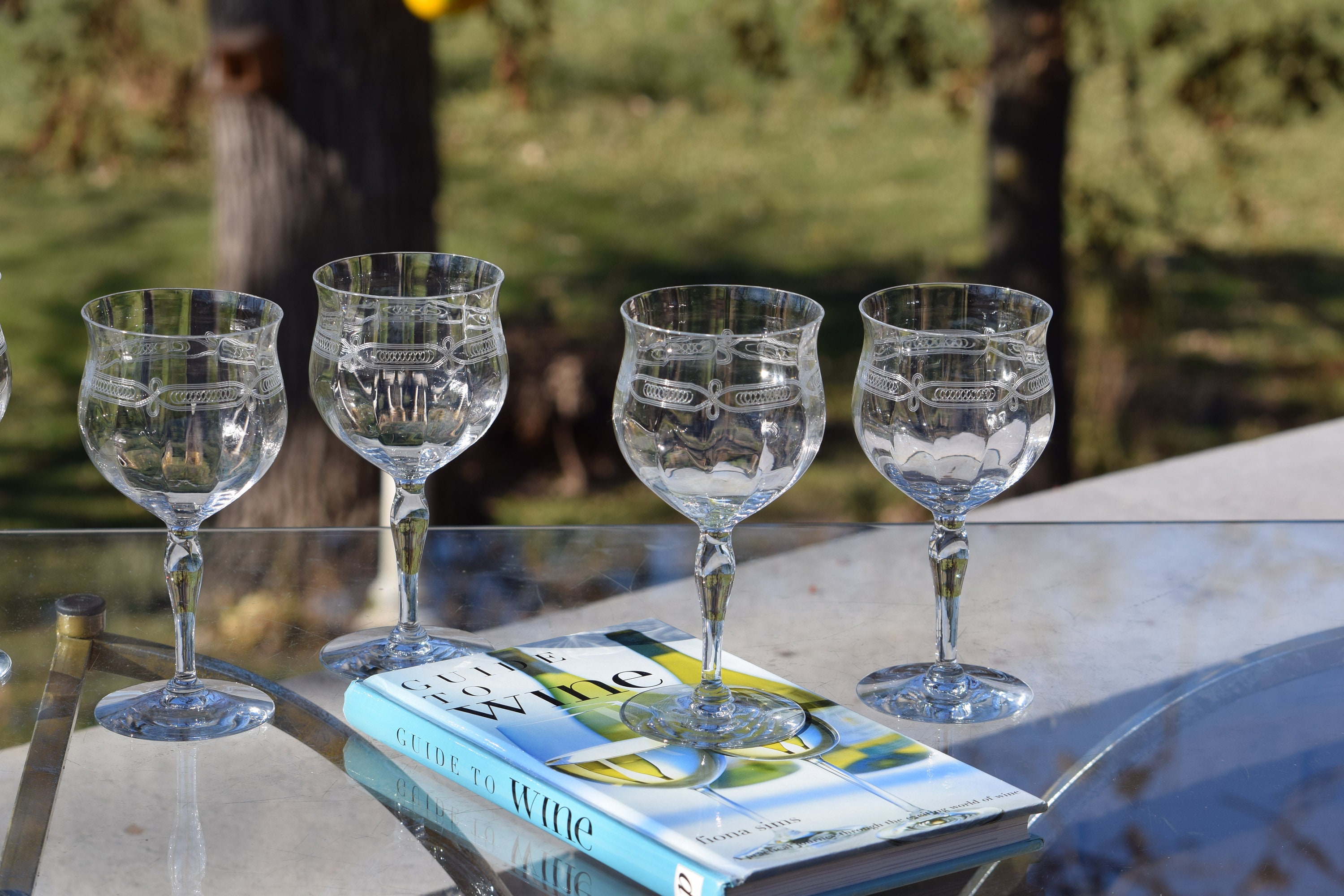 2 Antique Etched Optic Wine Glasses, Circa 1920's, Antique Wine Glasses,  Elegant Wine Glasses, Unique Shaped Wine Glasses