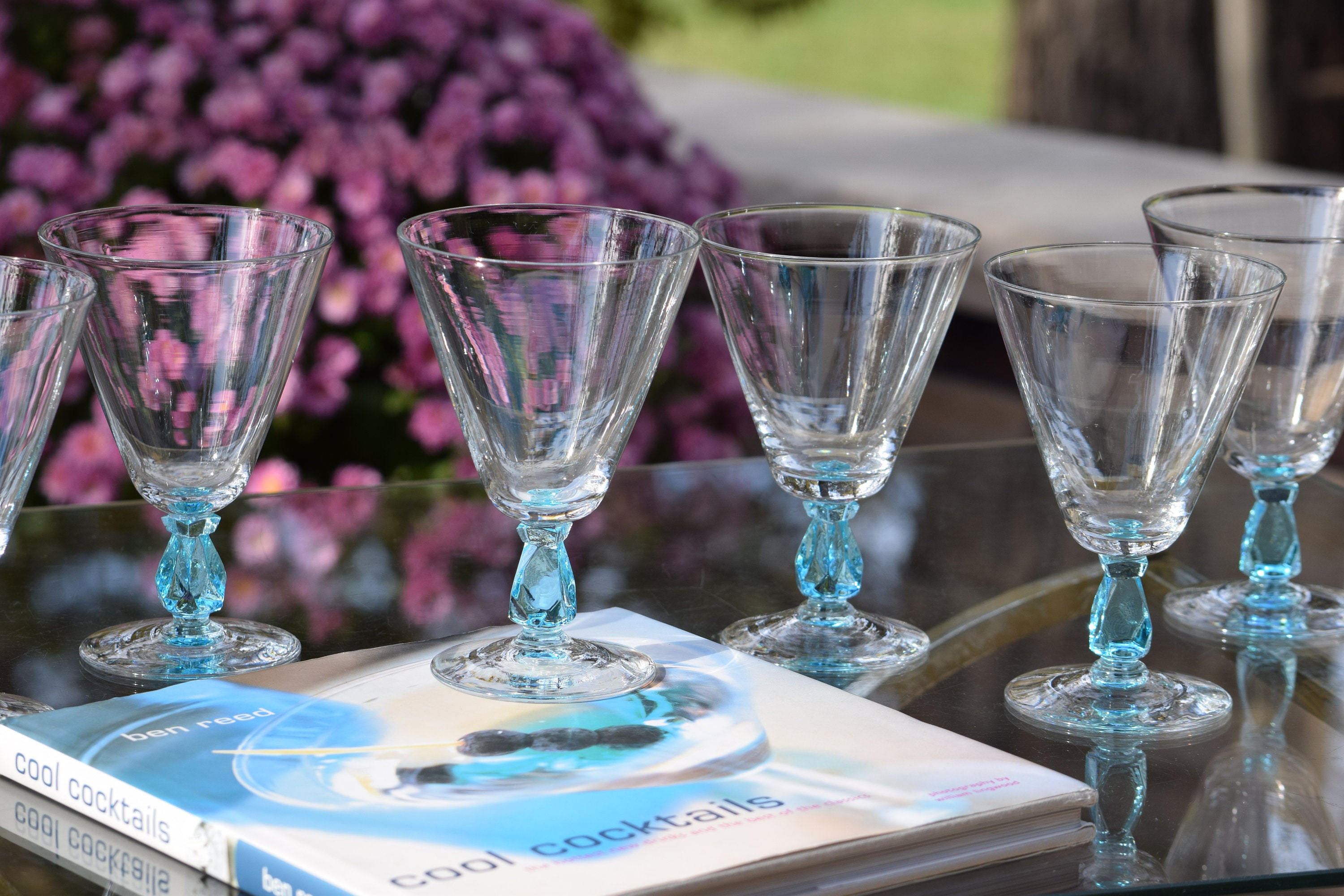 4 Vintage Etched Cocktail glasses, 1950's, Cobalt Blue 4 oz