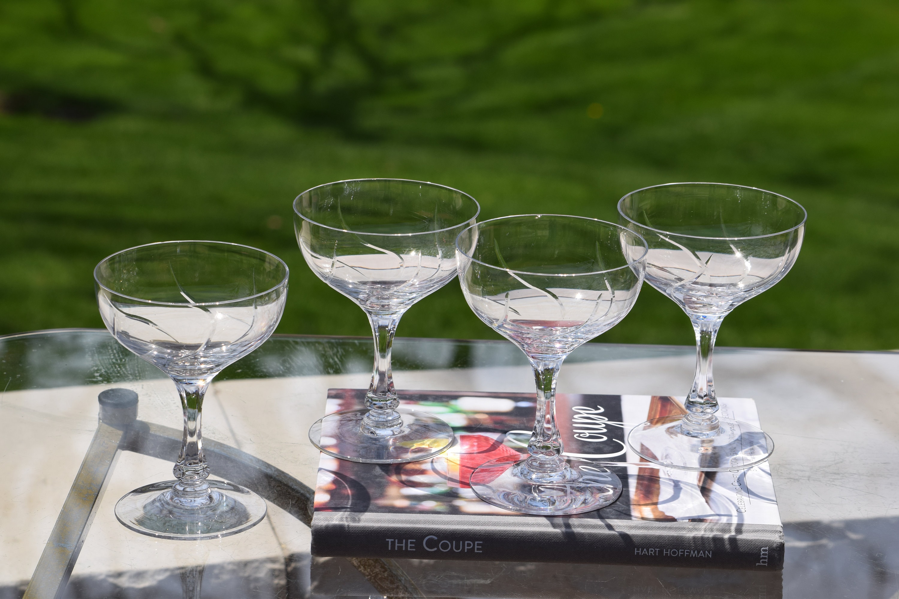 4 Vintage Etched Crystal Cocktail Coupes Glasses, Fostoria, 1960's