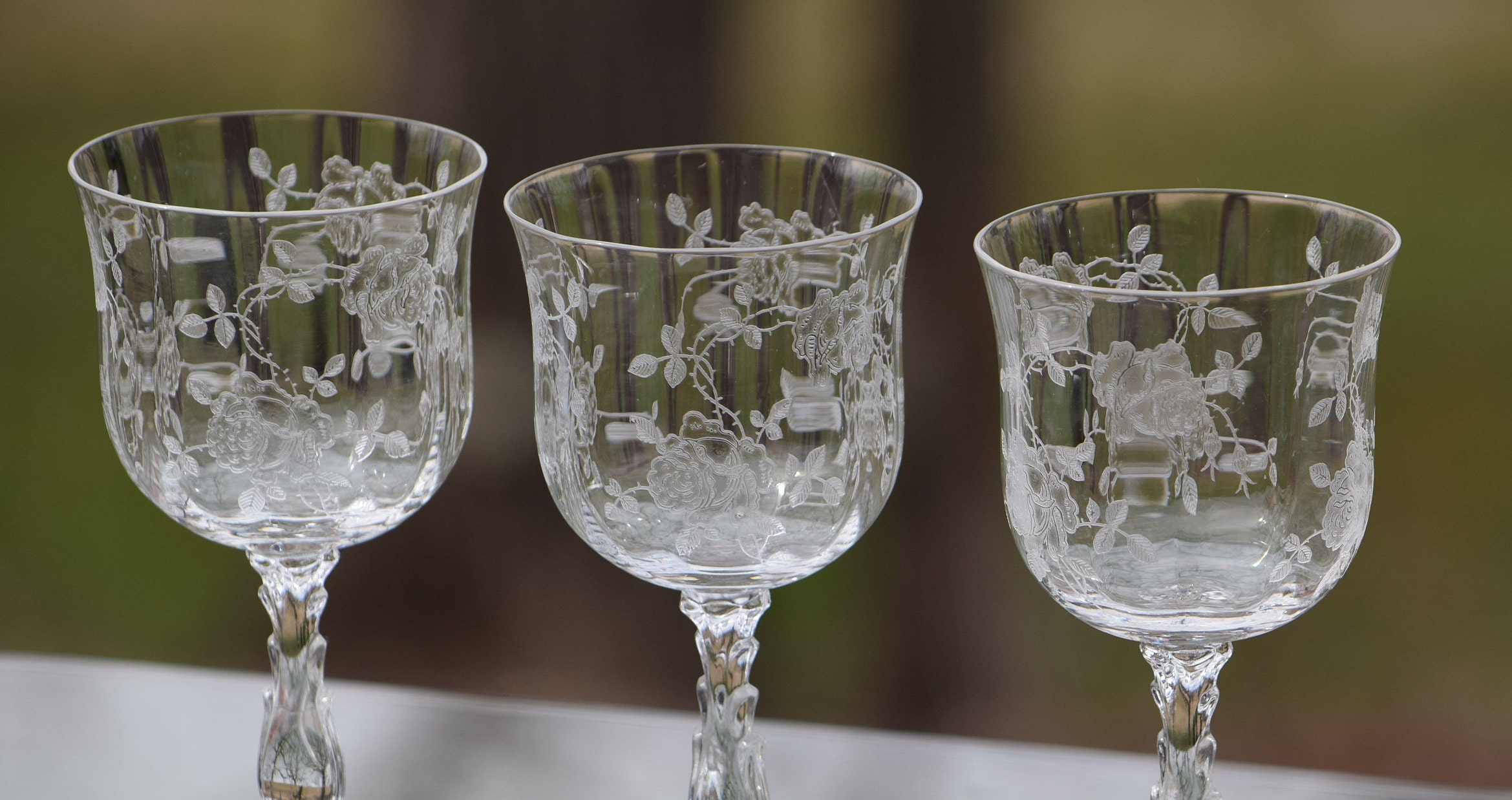 Vintage Etched Crystal Wine Glasses, Set of 3, Fostoria, Willowmere