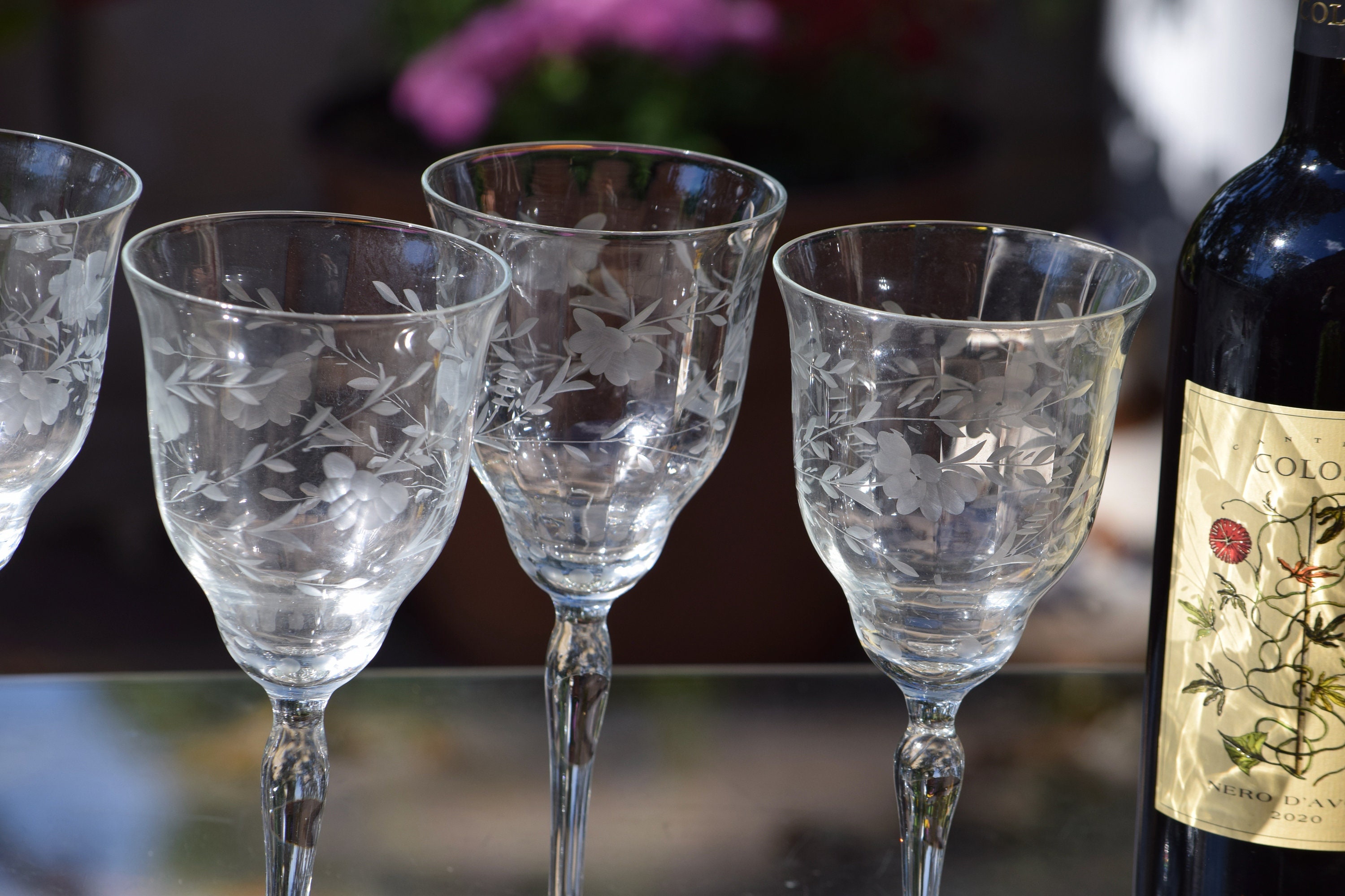 6 Vintage Etched Wine Glasses ~ Water Goblets, 8 oz Wine glasses