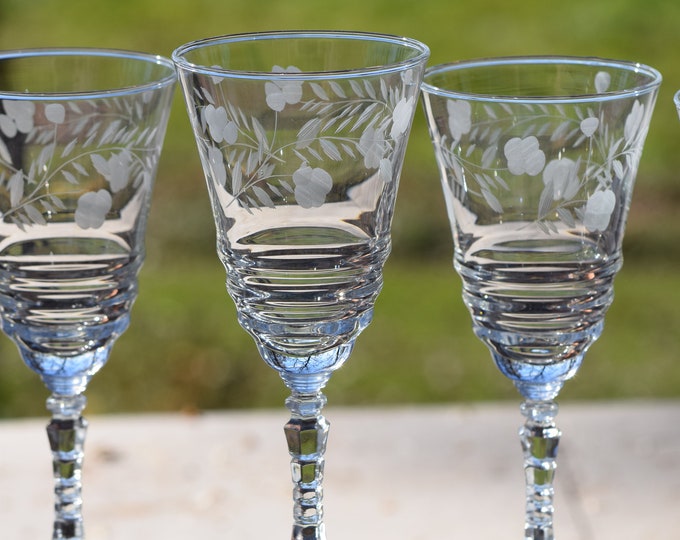 SIPPING in STYLE!  4 Vintage Etched Wine Glasses, Rock Sharpe, circa 1950, Antique Etched Wine Glasses ~ Water Goblets, Wedding Wine Glasses