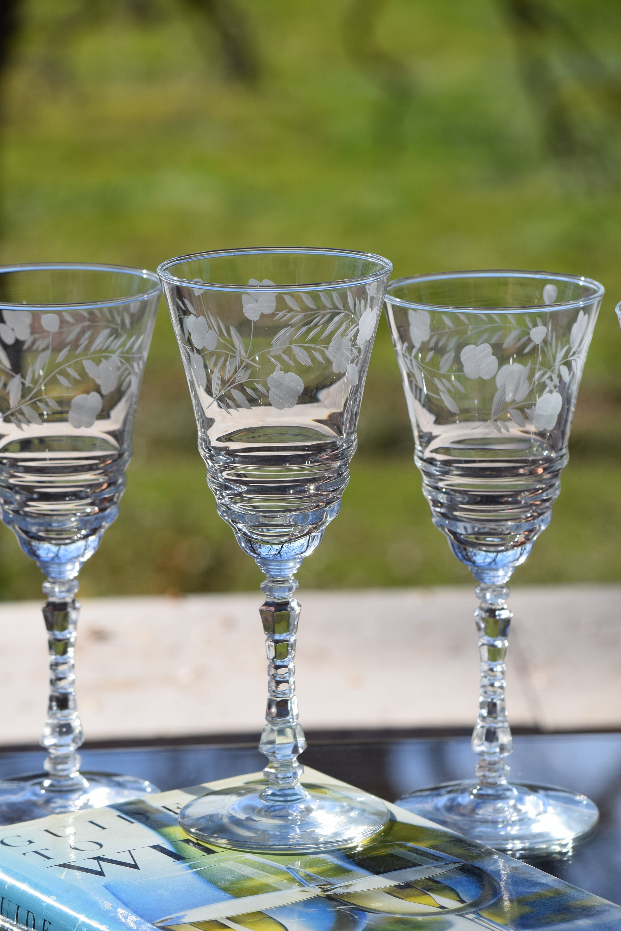 Antique Wine Glasses, 4 Etched Wine Glasses, Unique Wine Glass