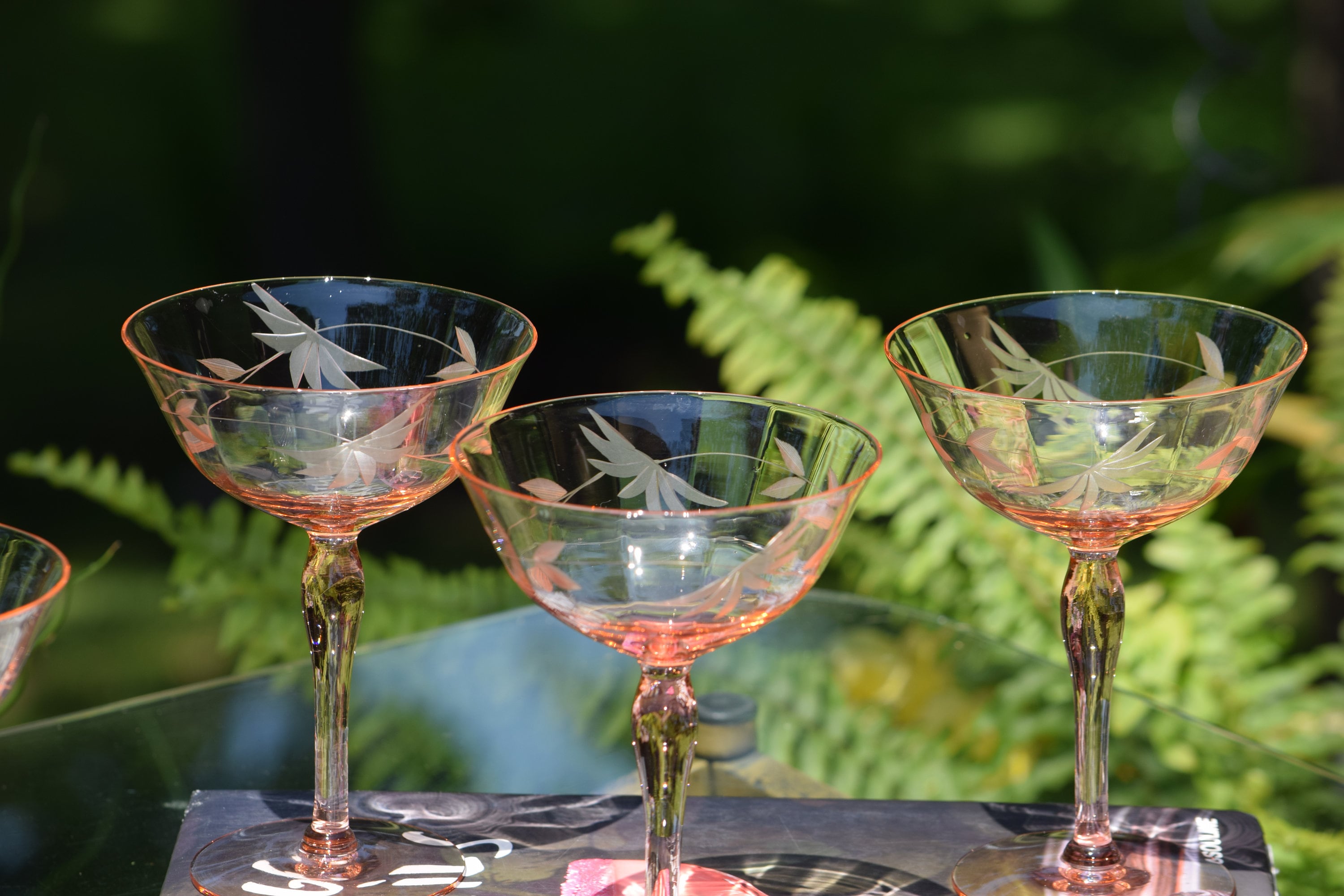 Vintage PINK Etched Cocktail Martini Glasses, Set of 4, Mixologist