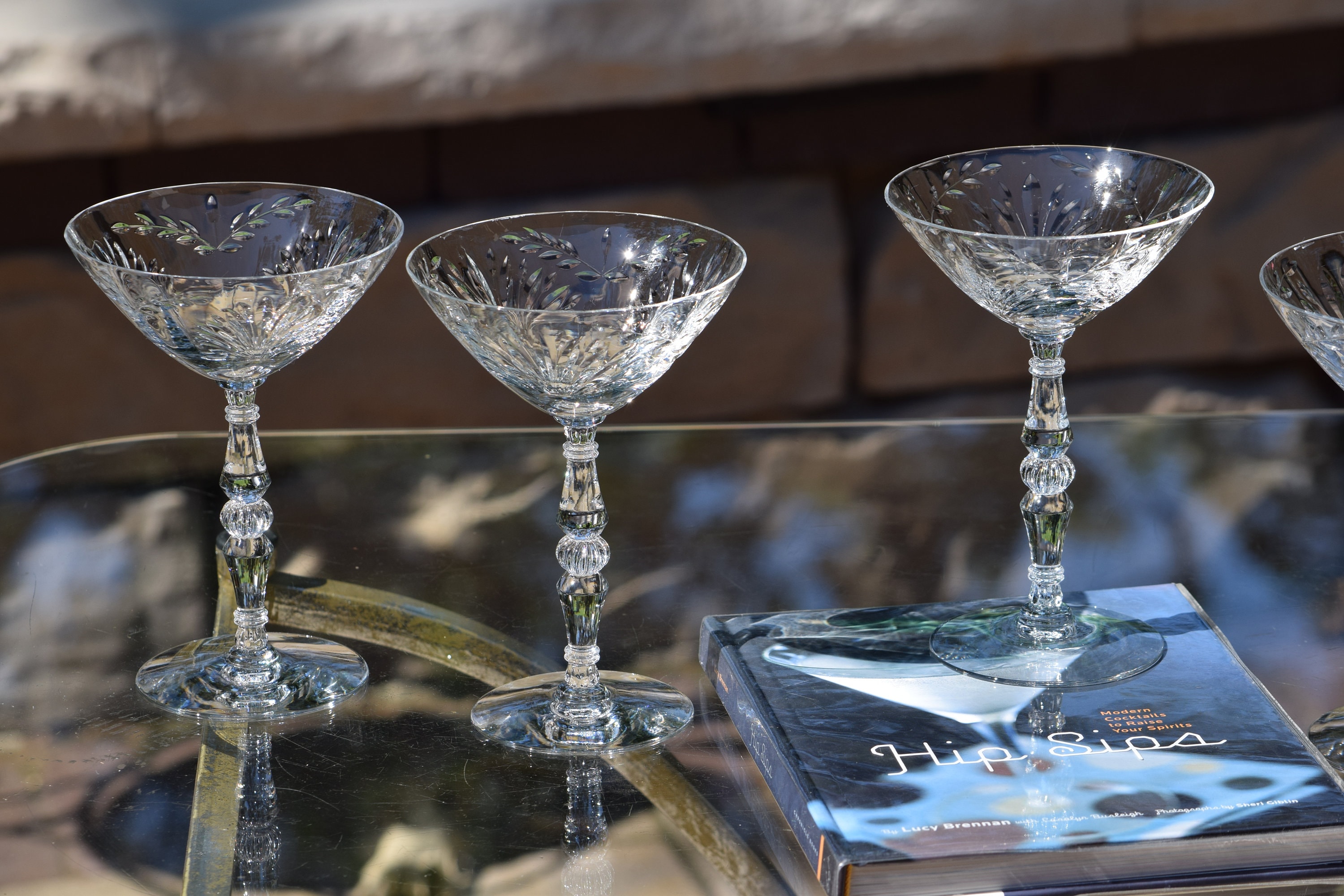 5 Vintage Etched Cocktail ~ Martini Glasses, Tiffin Franciscan, Sonja,  1940's,Nick and Nora, Mixologist Craft Cocktails ~ Champagne Glass