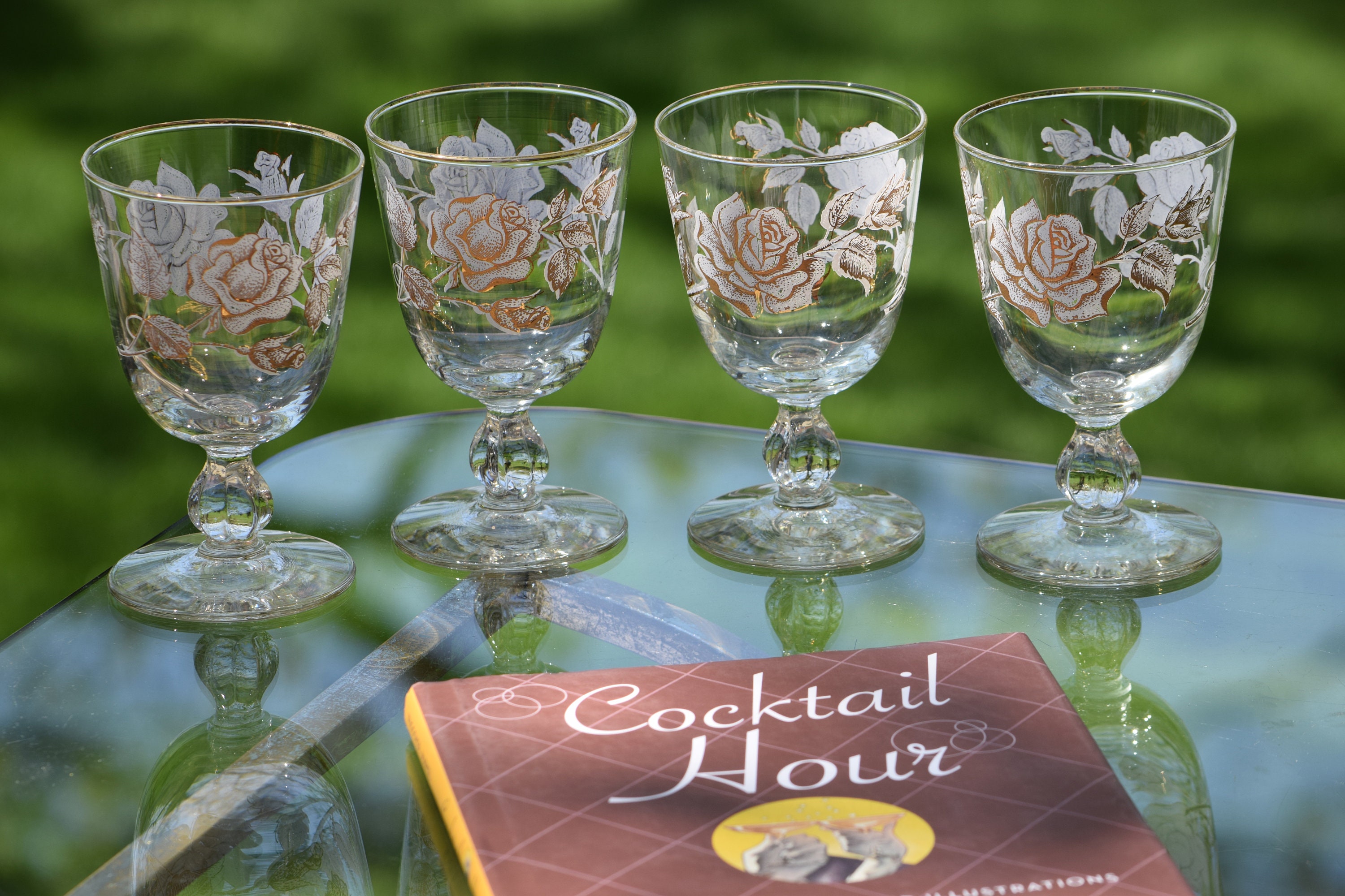 6 Vintage Cocktail Glasses with Gold and White Designs, Libbey