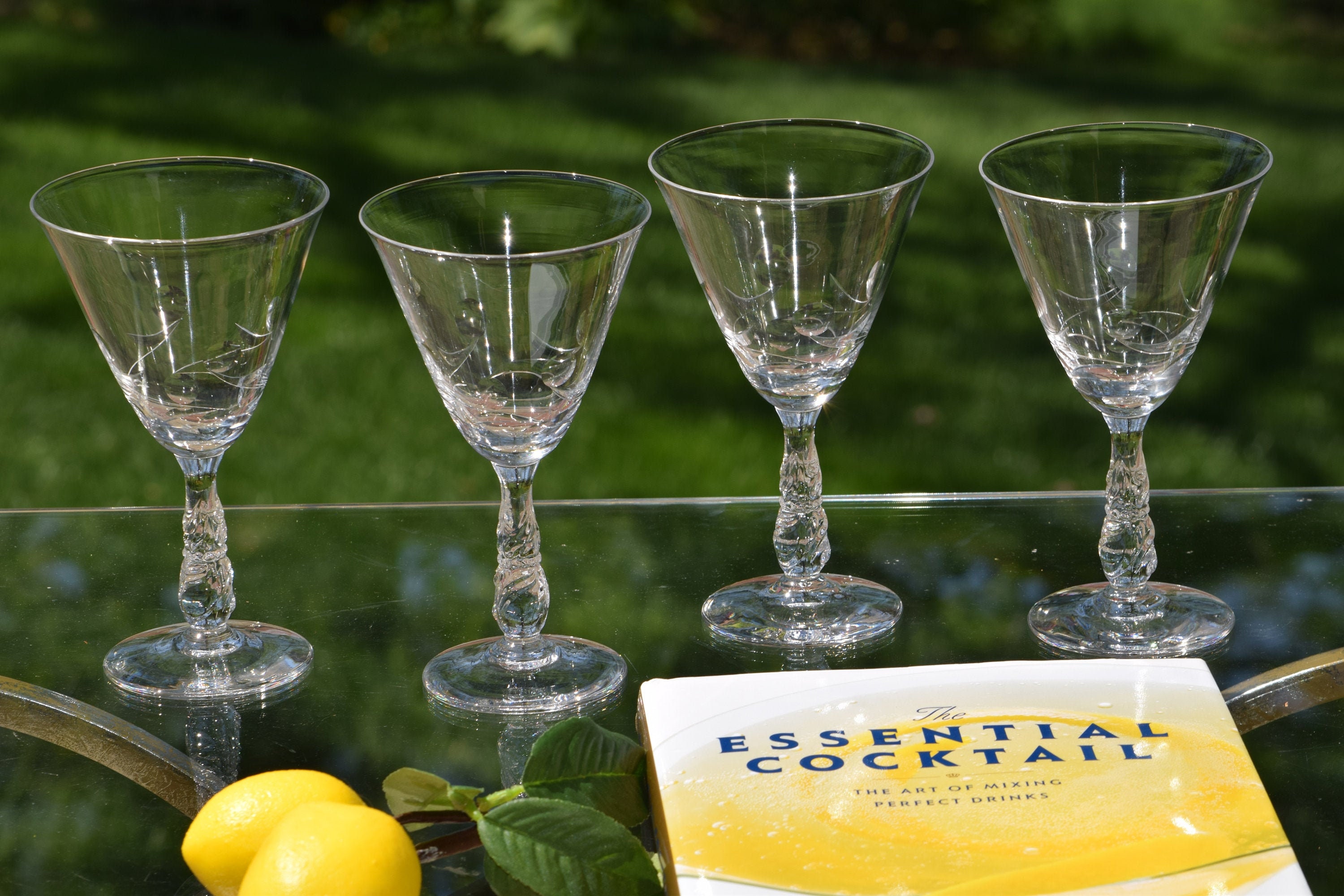 4 Vintage Etched CRYSTAL Wine - Cocktail Glasses, Set of 4
