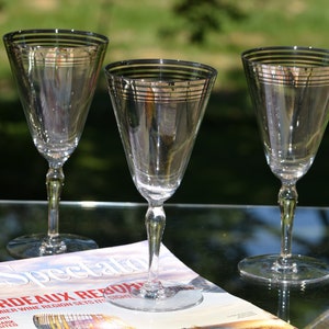 WINE TIME! 5 Vintage Wine Glasses, Silver Striped Wine Glasses, Chrome Platinum Rimmed Wine Glasses ~ Water Goblets, Silver Rim Wine Glasses