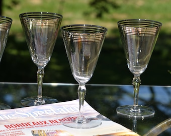 Set of 4 Vintage Platinum Striped Wine Glasses, Mid Century Barware