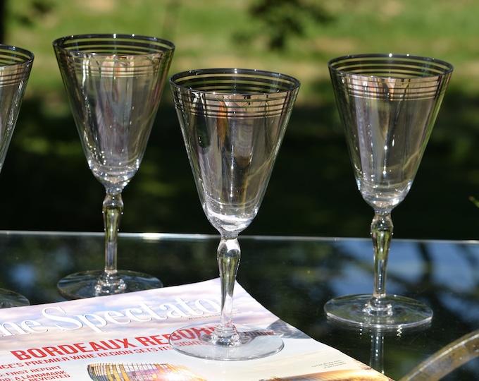 WINE TIME! 5 Vintage Wine Glasses, Silver Striped Wine Glasses, Chrome Platinum Rimmed Wine Glasses ~ Water Goblets, Silver Rim Wine Glasses