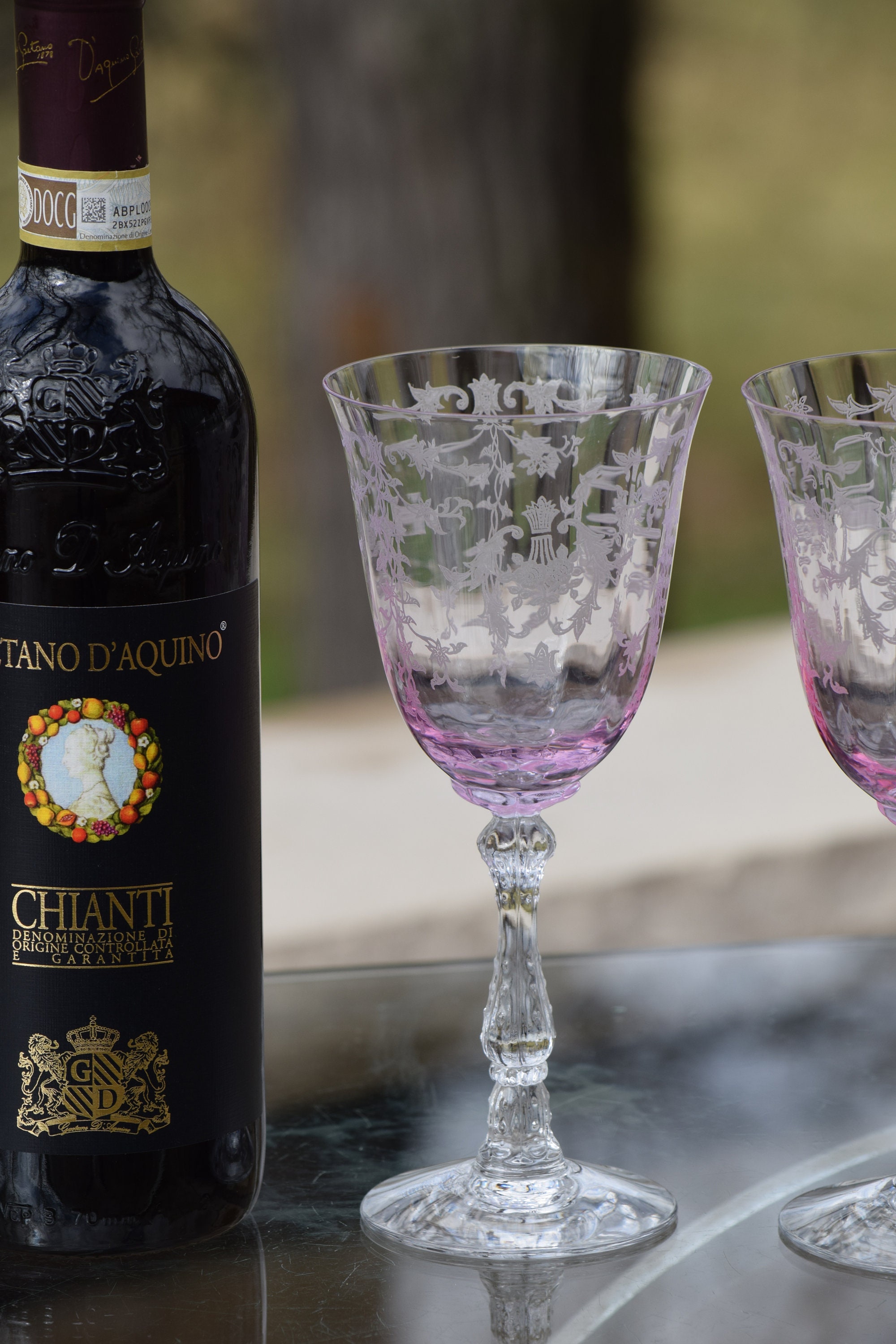 4 Vintage Pink Etched Wine Glasses, Fostoria Navarre Pink, 1970's, 7 5/