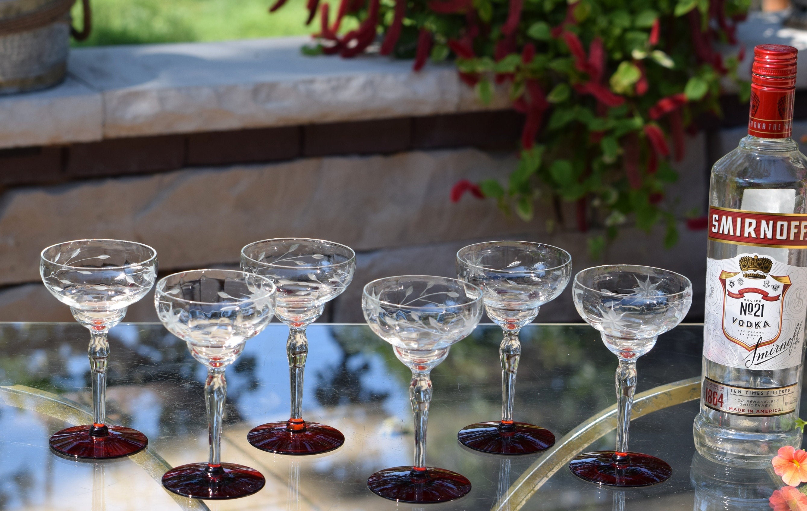 5 Vintage Etched Red Cocktail Glasses, 1950's, Vintage 4 oz Small