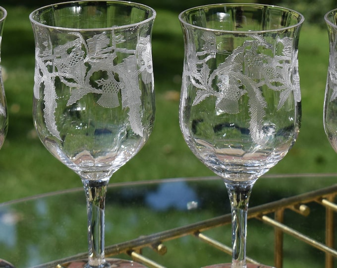 SIP IN STYLE! 4 Antique Etched Optic Wine Glasses, Central Glass Works, Thistle Pattern, 1910, Antique Wine Glasses, Elegant Wine Glasses