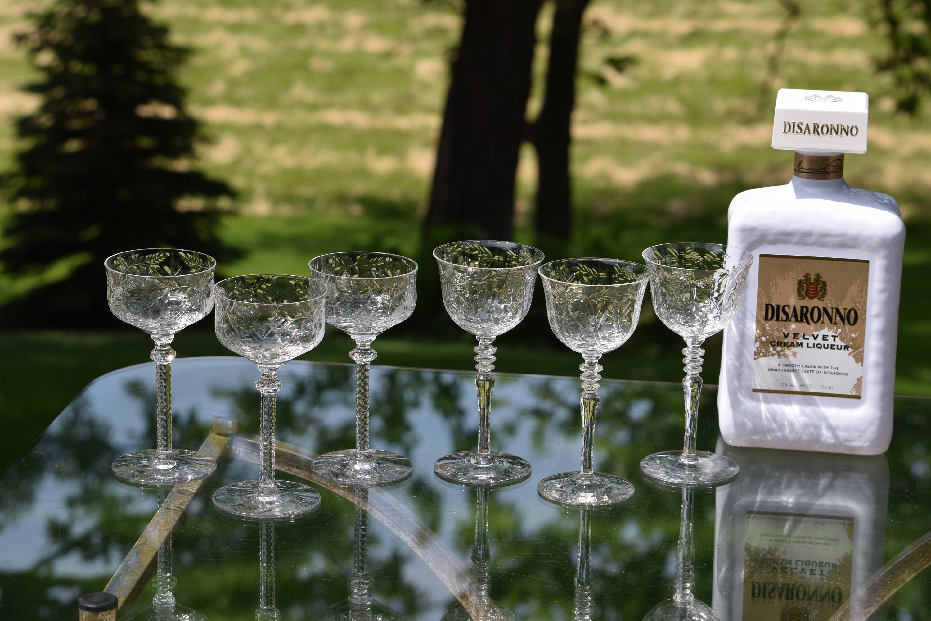 6 Vintage Etched Liqueur, Wine Glasses, Set of 6 MisMatched 4 oz