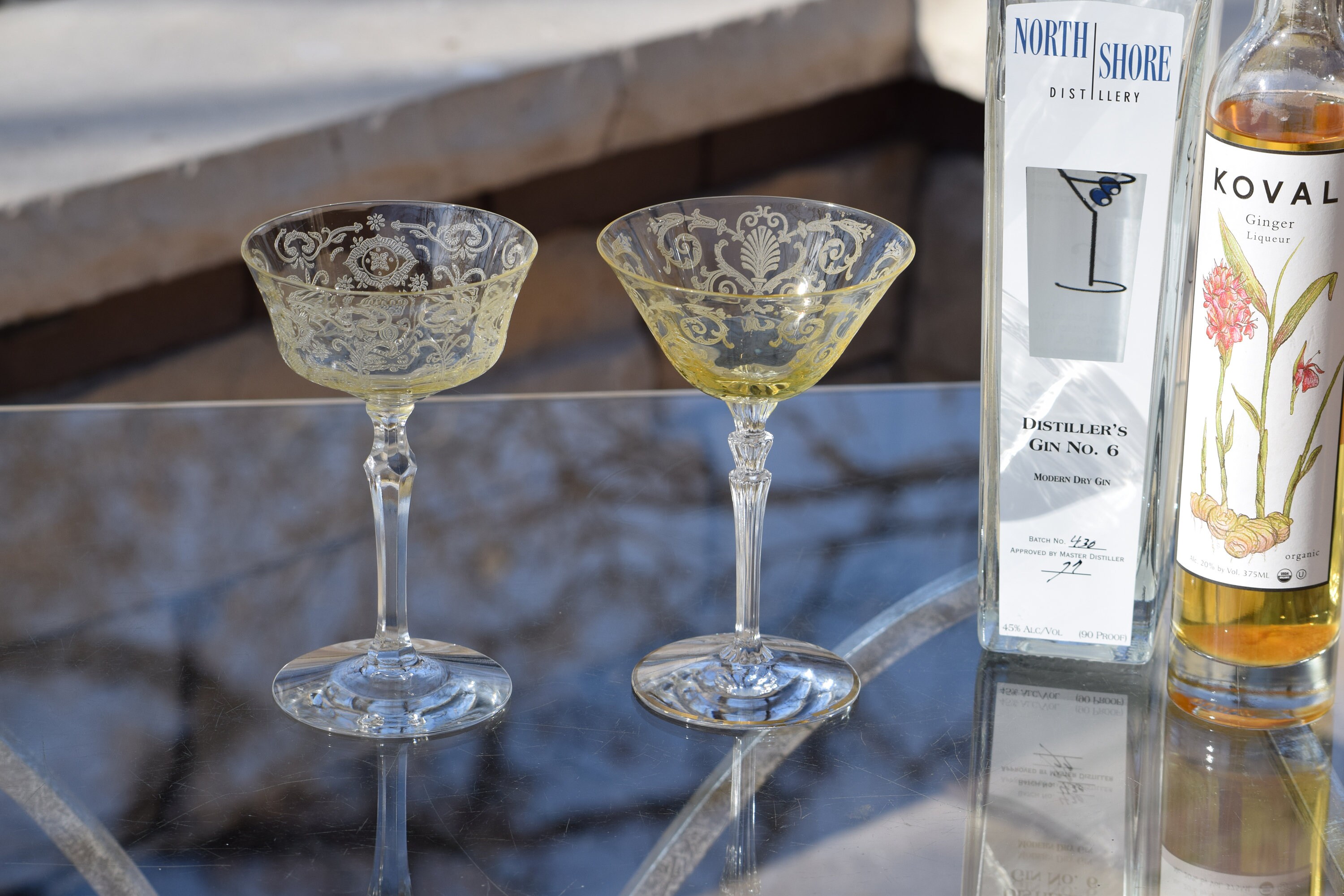 2 Vintage Etched Yellow Martini Cocktail Glasses, Two MisMatched