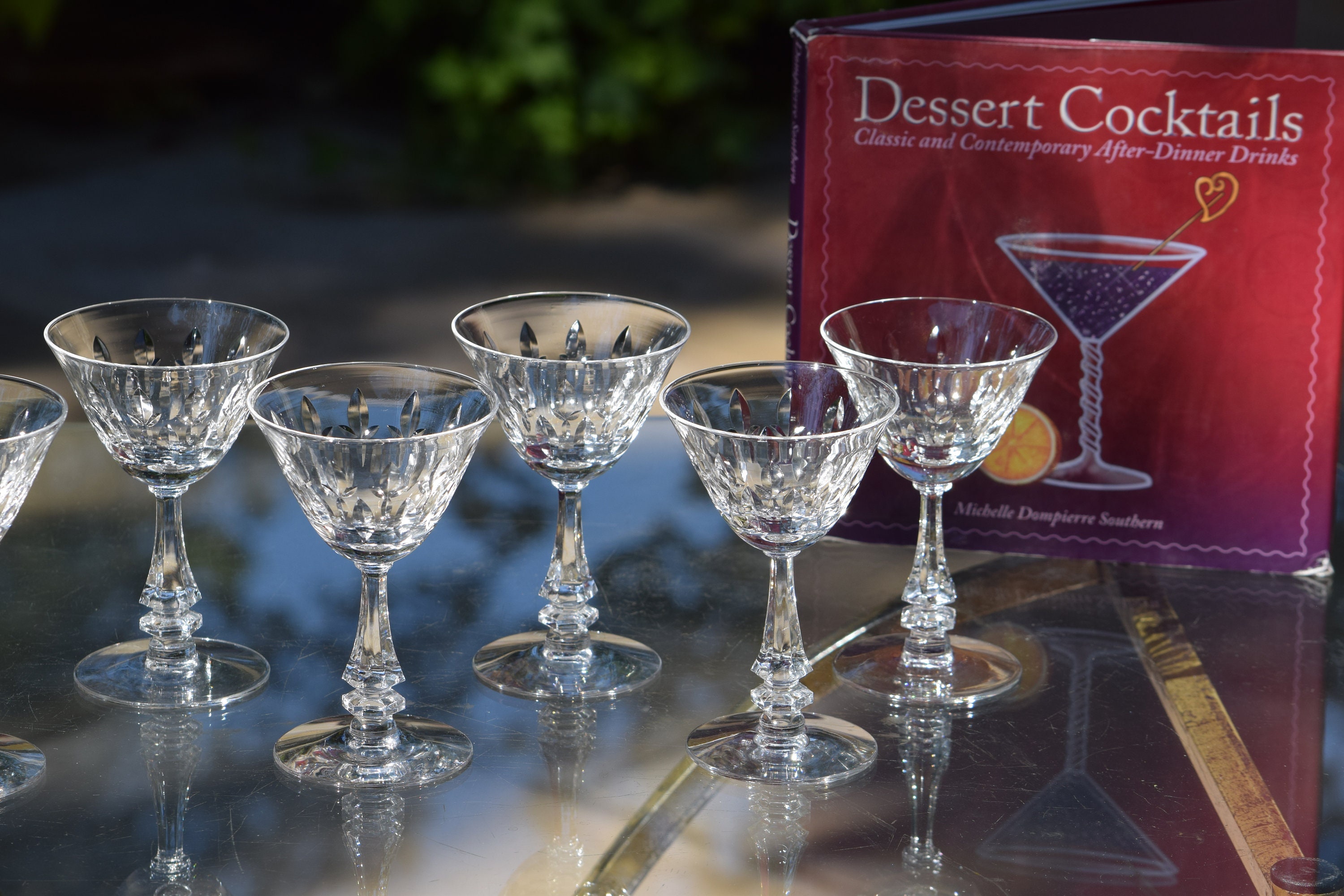 6 Vintage Etched Crystal Cocktail Martini Glasses, Tiffin