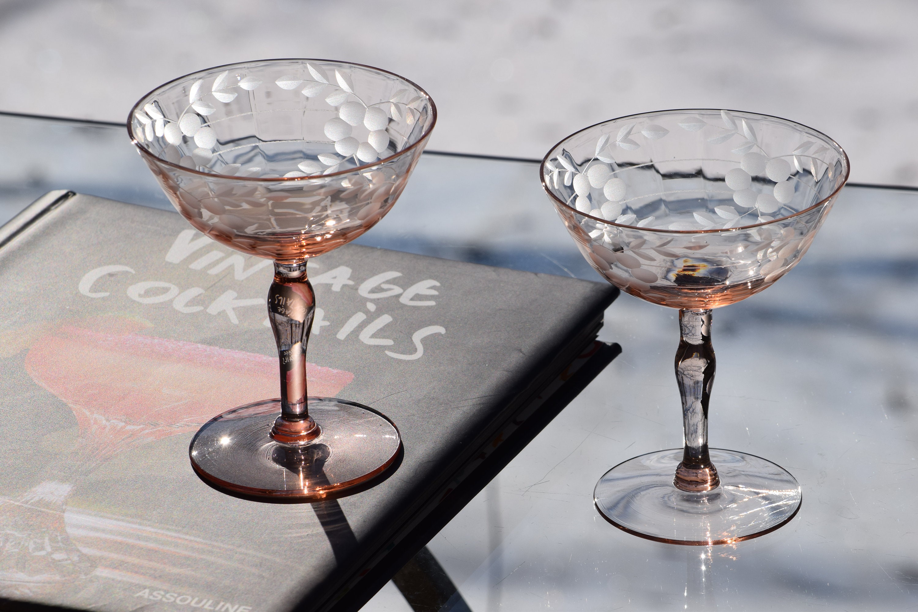 Vintage Etched PINK DEPRESSION Glass Cocktail Martini Glasses, Set of
